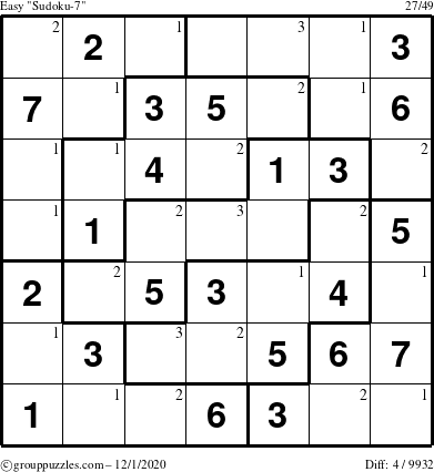 The grouppuzzles.com Easy Sudoku-7 puzzle for Tuesday December 1, 2020 with the first 3 steps marked