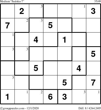 The grouppuzzles.com Medium Sudoku-7 puzzle for Tuesday December 1, 2020 with the first 3 steps marked