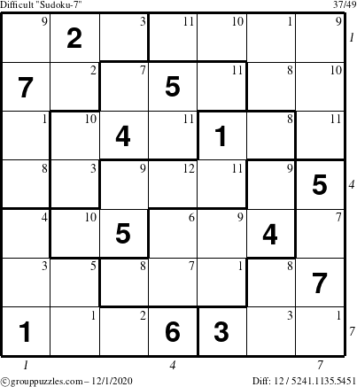 The grouppuzzles.com Difficult Sudoku-7 puzzle for Tuesday December 1, 2020 with all 12 steps marked