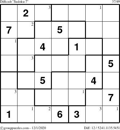 The grouppuzzles.com Difficult Sudoku-7 puzzle for Tuesday December 1, 2020 with the first 3 steps marked