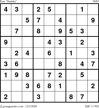 The grouppuzzles.com Easy Sudoku puzzle for Tuesday December 1, 2020