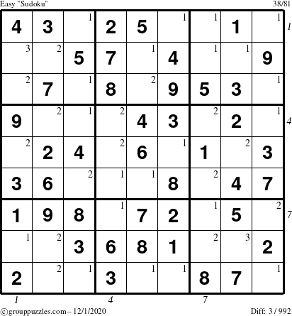 The grouppuzzles.com Easy Sudoku puzzle for Tuesday December 1, 2020, suitable for printing, with all 3 steps marked