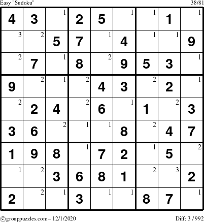 The grouppuzzles.com Easy Sudoku puzzle for Tuesday December 1, 2020 with the first 3 steps marked