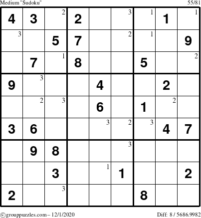 The grouppuzzles.com Medium Sudoku puzzle for Tuesday December 1, 2020 with the first 3 steps marked