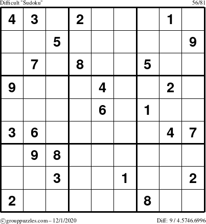 The grouppuzzles.com Difficult Sudoku puzzle for Tuesday December 1, 2020