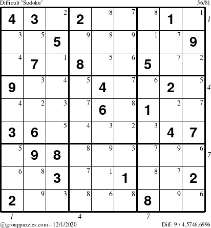 The grouppuzzles.com Difficult Sudoku puzzle for Tuesday December 1, 2020 with all 9 steps marked