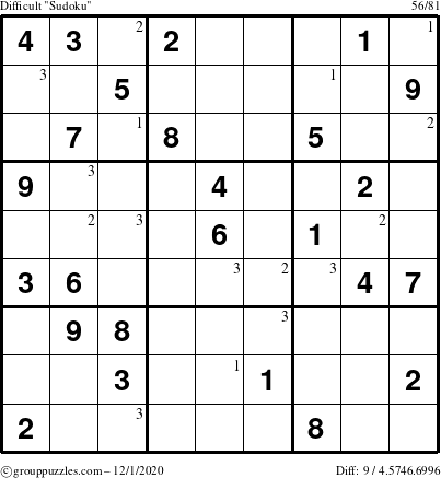 The grouppuzzles.com Difficult Sudoku puzzle for Tuesday December 1, 2020 with the first 3 steps marked