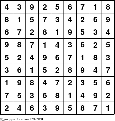 The grouppuzzles.com Answer grid for the Sudoku puzzle for Tuesday December 1, 2020