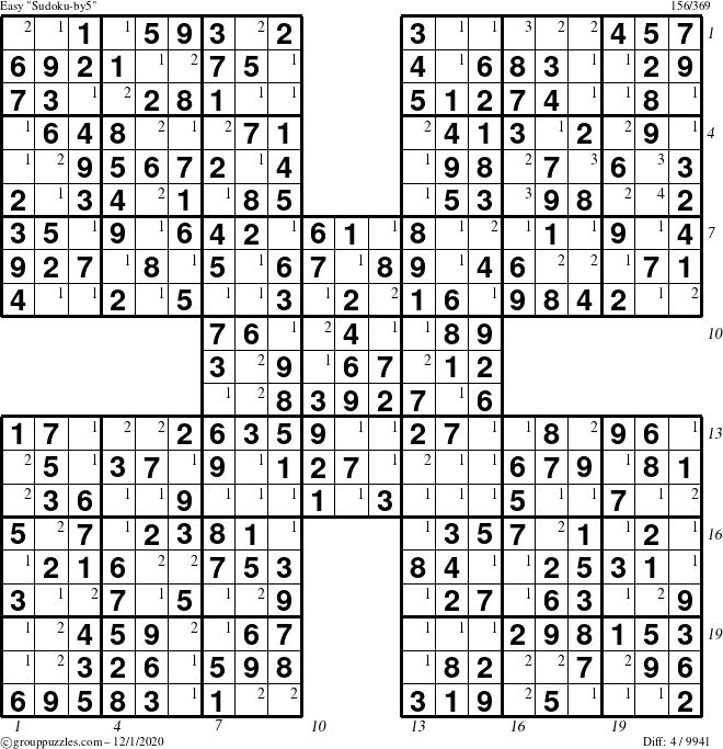 The grouppuzzles.com Easy Sudoku-by5 puzzle for Tuesday December 1, 2020 with all 4 steps marked