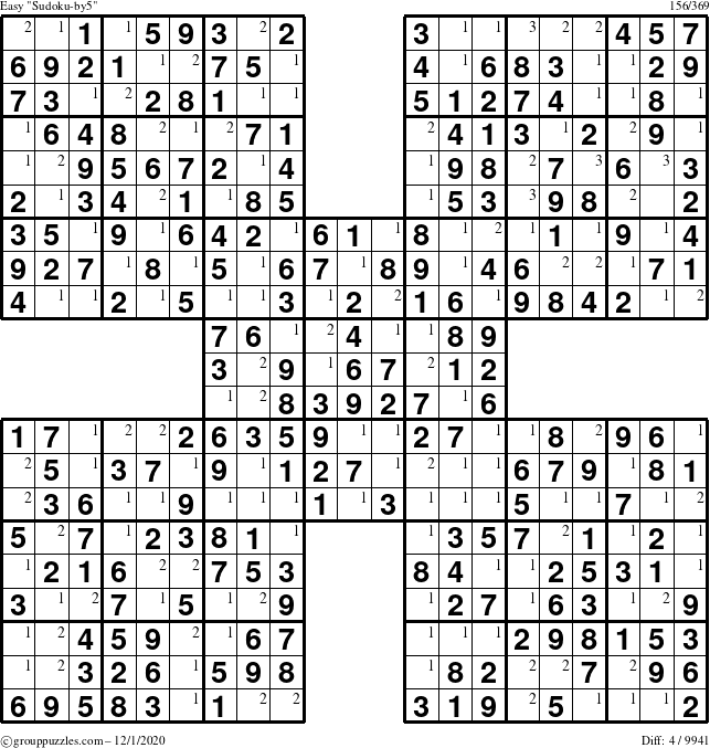 The grouppuzzles.com Easy Sudoku-by5 puzzle for Tuesday December 1, 2020 with the first 3 steps marked