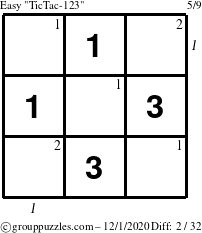 The grouppuzzles.com Easy TicTac-123 puzzle for Tuesday December 1, 2020 with all 2 steps marked