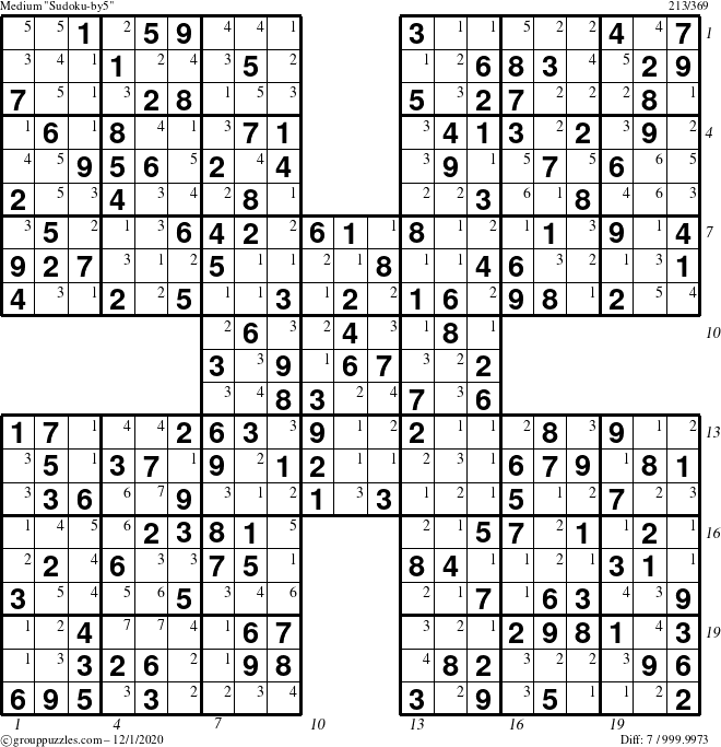 The grouppuzzles.com Medium Sudoku-by5 puzzle for Tuesday December 1, 2020 with all 7 steps marked