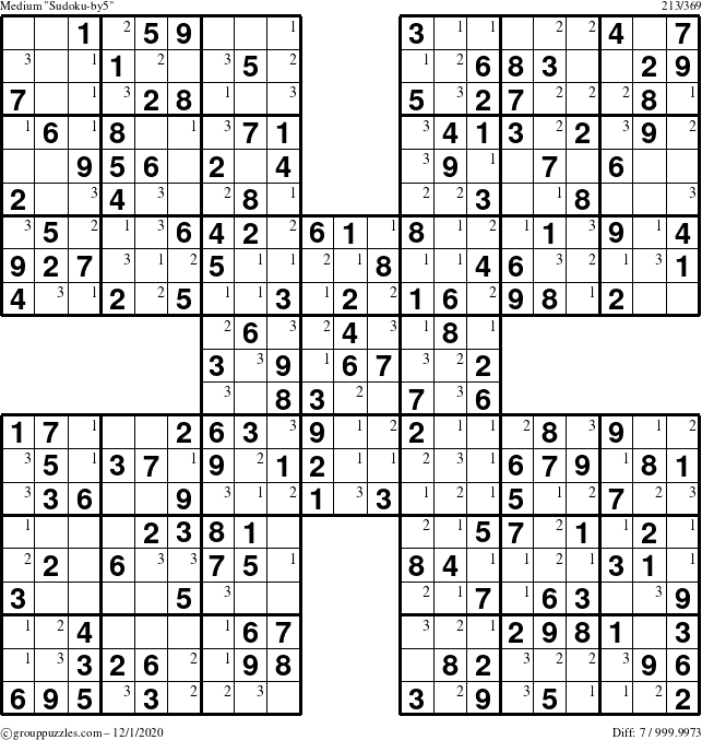 The grouppuzzles.com Medium Sudoku-by5 puzzle for Tuesday December 1, 2020 with the first 3 steps marked