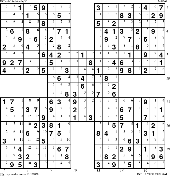 The grouppuzzles.com Difficult Sudoku-by5 puzzle for Tuesday December 1, 2020 with all 12 steps marked