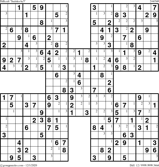 The grouppuzzles.com Difficult Sudoku-by5 puzzle for Tuesday December 1, 2020 with the first 3 steps marked