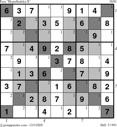 The grouppuzzles.com Easy HyperSudoku-X puzzle for Tuesday December 1, 2020 with all 3 steps marked