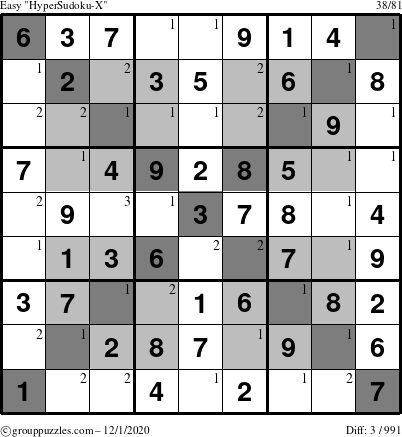 The grouppuzzles.com Easy HyperSudoku-X puzzle for Tuesday December 1, 2020 with the first 3 steps marked