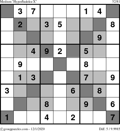 The grouppuzzles.com Medium HyperSudoku-X puzzle for Tuesday December 1, 2020