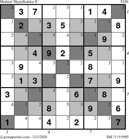 The grouppuzzles.com Medium HyperSudoku-X puzzle for Tuesday December 1, 2020 with all 5 steps marked