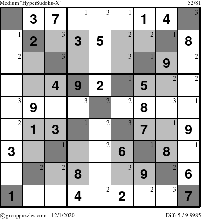 The grouppuzzles.com Medium HyperSudoku-X puzzle for Tuesday December 1, 2020 with the first 3 steps marked