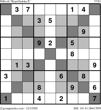 The grouppuzzles.com Difficult HyperSudoku-X puzzle for Tuesday December 1, 2020