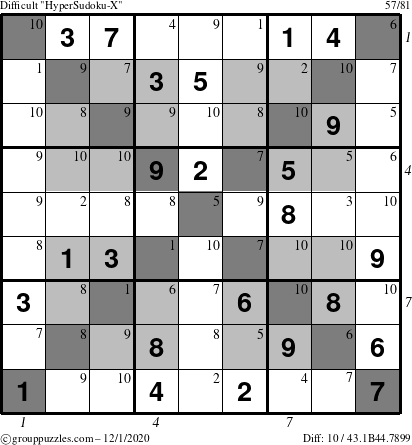 The grouppuzzles.com Difficult HyperSudoku-X puzzle for Tuesday December 1, 2020, suitable for printing, with all 10 steps marked