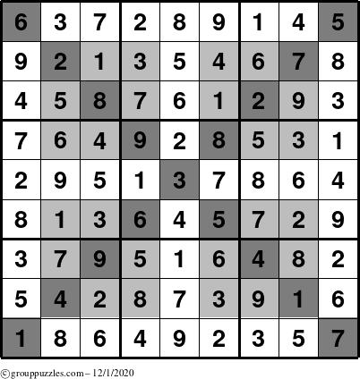 The grouppuzzles.com Answer grid for the HyperSudoku-X puzzle for Tuesday December 1, 2020