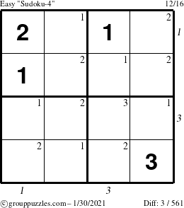 The grouppuzzles.com Easy Sudoku-4 puzzle for Saturday January 30, 2021 with all 3 steps marked