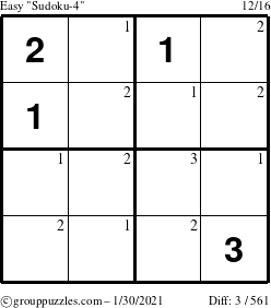 The grouppuzzles.com Easy Sudoku-4 puzzle for Saturday January 30, 2021 with the first 3 steps marked