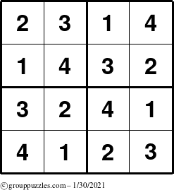 The grouppuzzles.com Answer grid for the Sudoku-4 puzzle for Saturday January 30, 2021