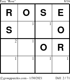 The grouppuzzles.com Easy Rose puzzle for Saturday January 30, 2021 with the first 2 steps marked