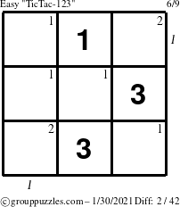 The grouppuzzles.com Easy TicTac-123 puzzle for Saturday January 30, 2021 with all 2 steps marked