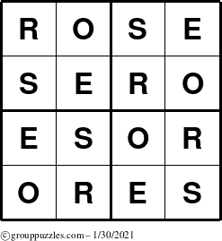 The grouppuzzles.com Answer grid for the Rose puzzle for Saturday January 30, 2021