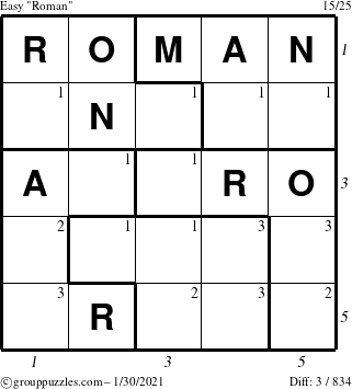 The grouppuzzles.com Easy Roman puzzle for Saturday January 30, 2021 with all 3 steps marked