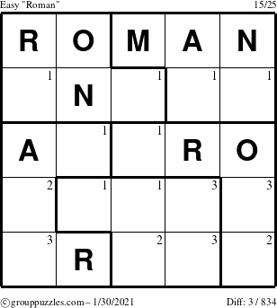 The grouppuzzles.com Easy Roman puzzle for Saturday January 30, 2021 with the first 3 steps marked