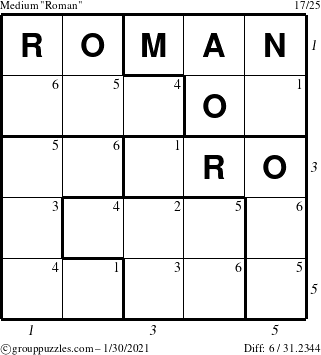 The grouppuzzles.com Medium Roman puzzle for Saturday January 30, 2021 with all 6 steps marked