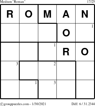 The grouppuzzles.com Medium Roman puzzle for Saturday January 30, 2021 with the first 3 steps marked