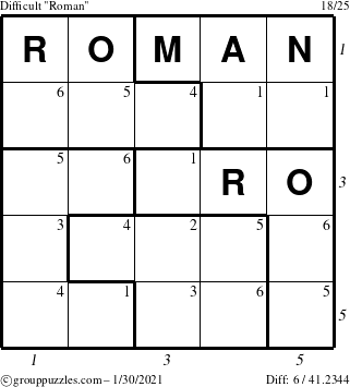 The grouppuzzles.com Difficult Roman puzzle for Saturday January 30, 2021, suitable for printing, with all 6 steps marked