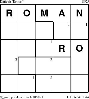 The grouppuzzles.com Difficult Roman puzzle for Saturday January 30, 2021 with the first 3 steps marked