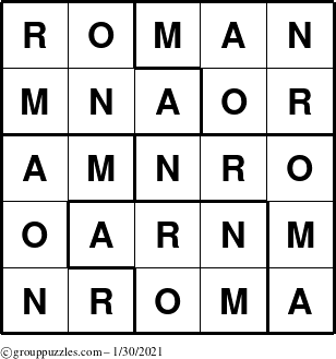 The grouppuzzles.com Answer grid for the Roman puzzle for Saturday January 30, 2021