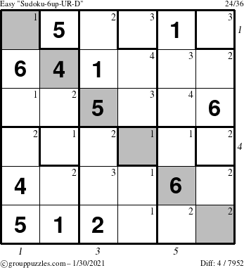 The grouppuzzles.com Easy Sudoku-6up-UR-D puzzle for Saturday January 30, 2021 with all 4 steps marked