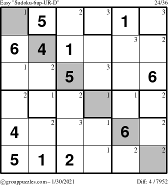 The grouppuzzles.com Easy Sudoku-6up-UR-D puzzle for Saturday January 30, 2021 with the first 3 steps marked