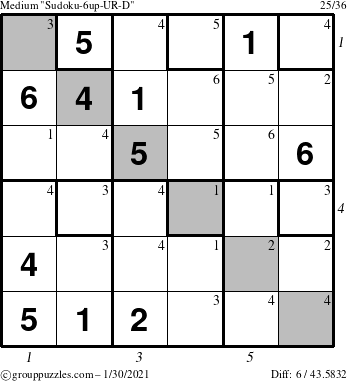 The grouppuzzles.com Medium Sudoku-6up-UR-D puzzle for Saturday January 30, 2021, suitable for printing, with all 6 steps marked