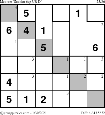 The grouppuzzles.com Medium Sudoku-6up-UR-D puzzle for Saturday January 30, 2021 with the first 3 steps marked