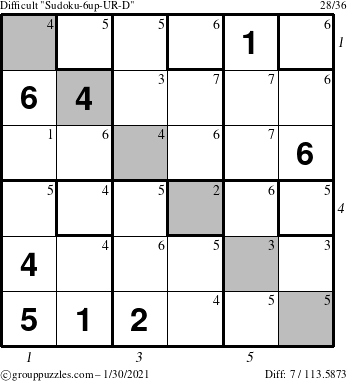 The grouppuzzles.com Difficult Sudoku-6up-UR-D puzzle for Saturday January 30, 2021, suitable for printing, with all 7 steps marked