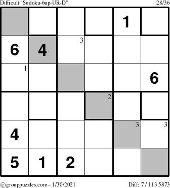 The grouppuzzles.com Difficult Sudoku-6up-UR-D puzzle for Saturday January 30, 2021 with the first 3 steps marked