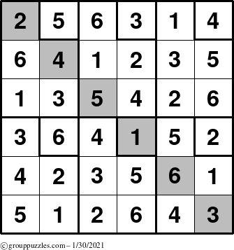 The grouppuzzles.com Answer grid for the Sudoku-6up-UR-D puzzle for Saturday January 30, 2021