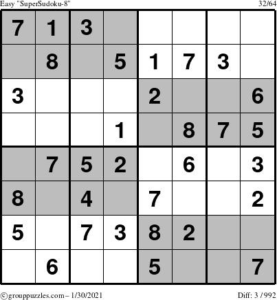 The grouppuzzles.com Easy SuperSudoku-8 puzzle for Saturday January 30, 2021