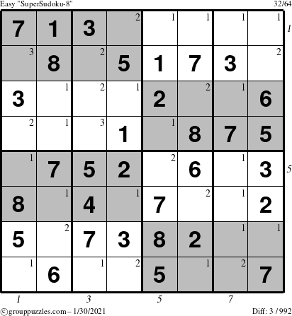 The grouppuzzles.com Easy SuperSudoku-8 puzzle for Saturday January 30, 2021 with all 3 steps marked