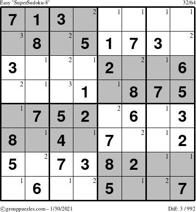 The grouppuzzles.com Easy SuperSudoku-8 puzzle for Saturday January 30, 2021 with the first 3 steps marked